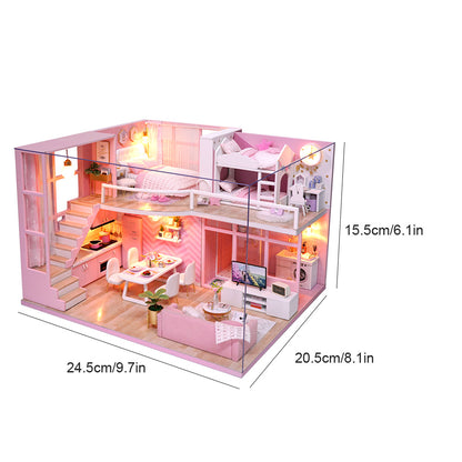 Dollhouse Miniature DIY House Kit Wooden Loft Doll House Apartment Pink Dollhouse Kit for Adults Teens Girls