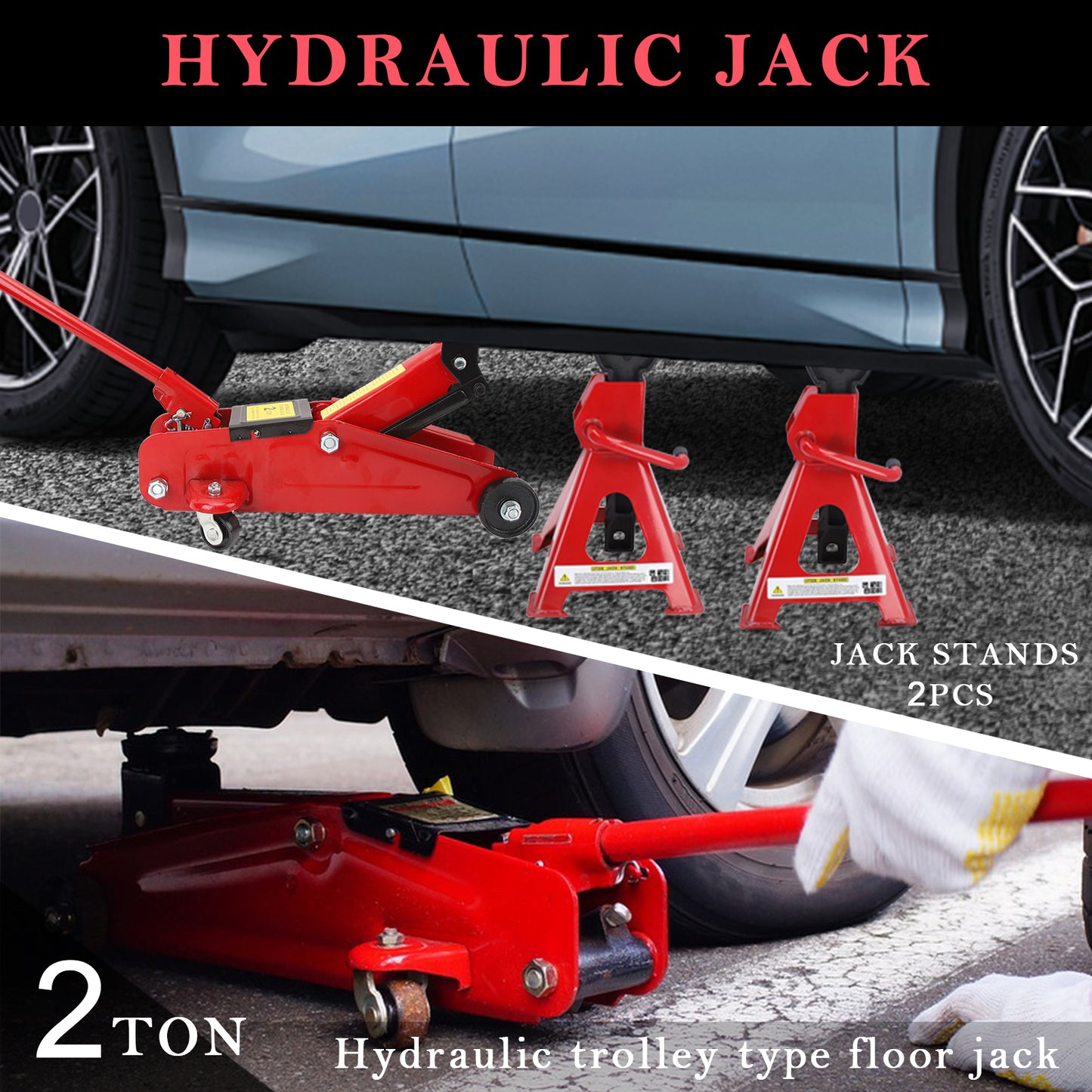 2 Ton Trolley Jack w/ Jack Stands, Lightweight Portable Car Lift Jack Tool Kit