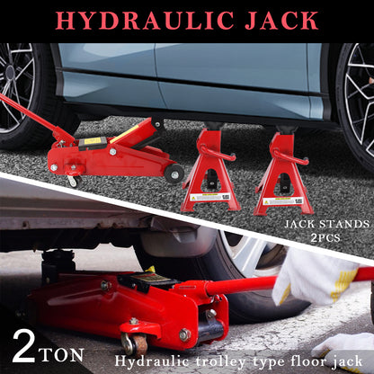 2 Ton Trolley Jack w/ Jack Stands, Lightweight Portable Car Lift Jack Tool Kit