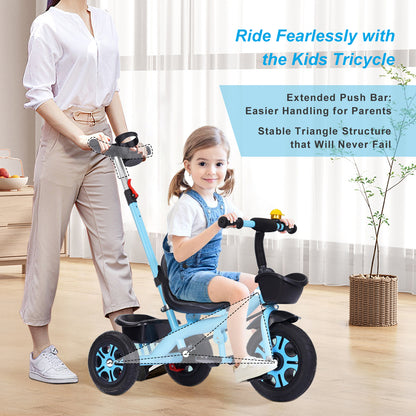 Toddler Tricycle for 1-4 Years Old, Kids Tricycle with Push Handle and Removable Canopy, Toddler Bike with Adjustable Seat, Bottle Cage, Bell, Adjustable Pedal and Storage Baskets for Girls Boys Kids