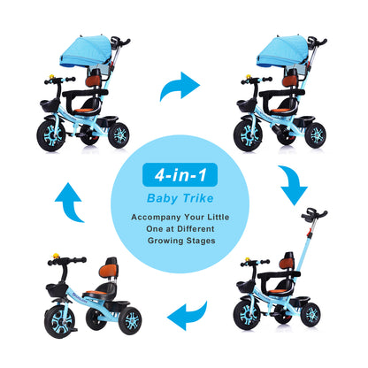 Toddler Tricycle for 1-4 Years Old, Kids Tricycle with Push Handle and Removable Canopy, Toddler Bike with Adjustable Seat, Bottle Cage, Bell, Adjustable Pedal and Storage Baskets for Girls Boys Kids