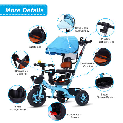 Toddler Tricycle for 1-4 Years Old, Kids Tricycle with Push Handle and Removable Canopy, Toddler Bike with Adjustable Seat, Bottle Cage, Bell, Adjustable Pedal and Storage Baskets for Girls Boys Kids