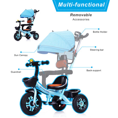 Toddler Tricycle for 1-4 Years Old, Kids Tricycle with Push Handle and Removable Canopy, Toddler Bike with Adjustable Seat, Bottle Cage, Bell, Adjustable Pedal and Storage Baskets for Girls Boys Kids