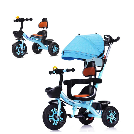Toddler Tricycle for 1-4 Years Old, Kids Tricycle with Push Handle and Removable Canopy, Toddler Bike with Adjustable Seat, Bottle Cage, Bell, Adjustable Pedal and Storage Baskets for Girls Boys Kids