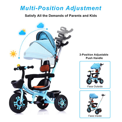 Toddler Tricycle for 1-4 Years Old, Kids Tricycle with Push Handle and Removable Canopy, Toddler Bike with Adjustable Seat, Bottle Cage, Bell, Adjustable Pedal and Storage Baskets for Girls Boys Kids