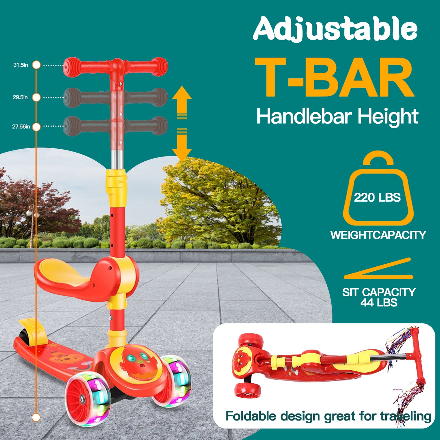 3 Wheel Scooter for Kids, Foldable Kids Kick Scooter with Light Up Wheels and Foldable Seat, Kids Scooter with Adjustable Height, Rear Brake and Music, Ride on Toys for for Girls Boys Kids 3 YO & up