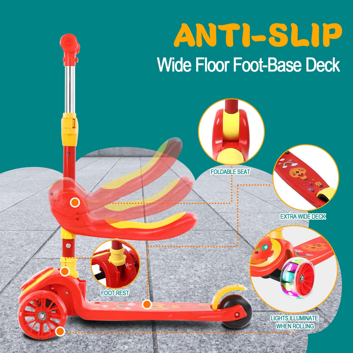 3 Wheel Scooter for Kids, Foldable Kids Kick Scooter with Light Up Wheels and Foldable Seat, Kids Scooter with Adjustable Height, Rear Brake and Music, Ride on Toys for for Girls Boys Kids 3 YO & up