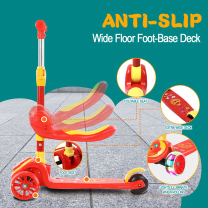 3 Wheel Scooter for Kids, Foldable Kids Kick Scooter with Light Up Wheels and Foldable Seat, Kids Scooter with Adjustable Height, Rear Brake and Music, Ride on Toys for for Girls Boys Kids 3 YO & up