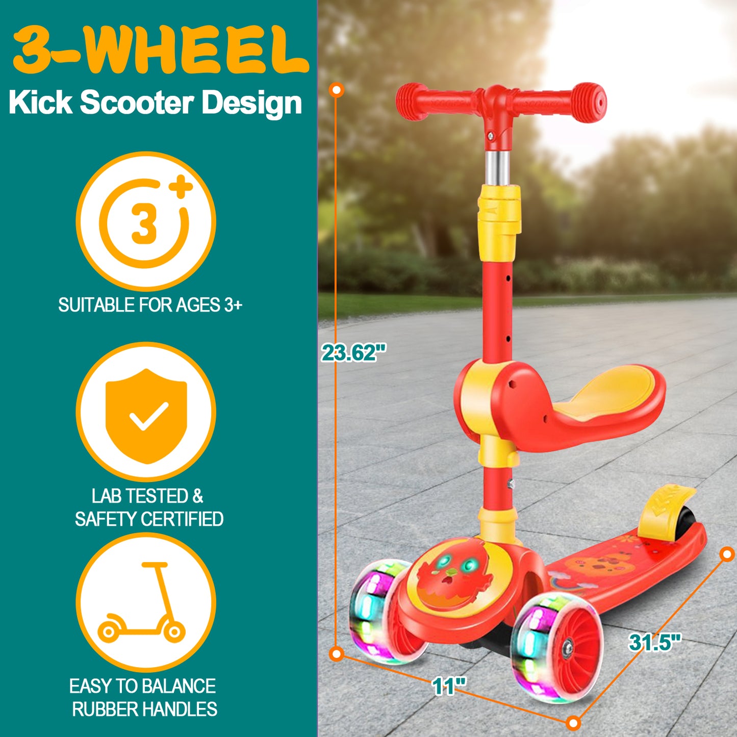 3 Wheel Scooter for Kids, Foldable Kids Kick Scooter with Light Up Wheels and Foldable Seat, Kids Scooter with Adjustable Height, Rear Brake and Music, Ride on Toys for for Girls Boys Kids 3 YO & up
