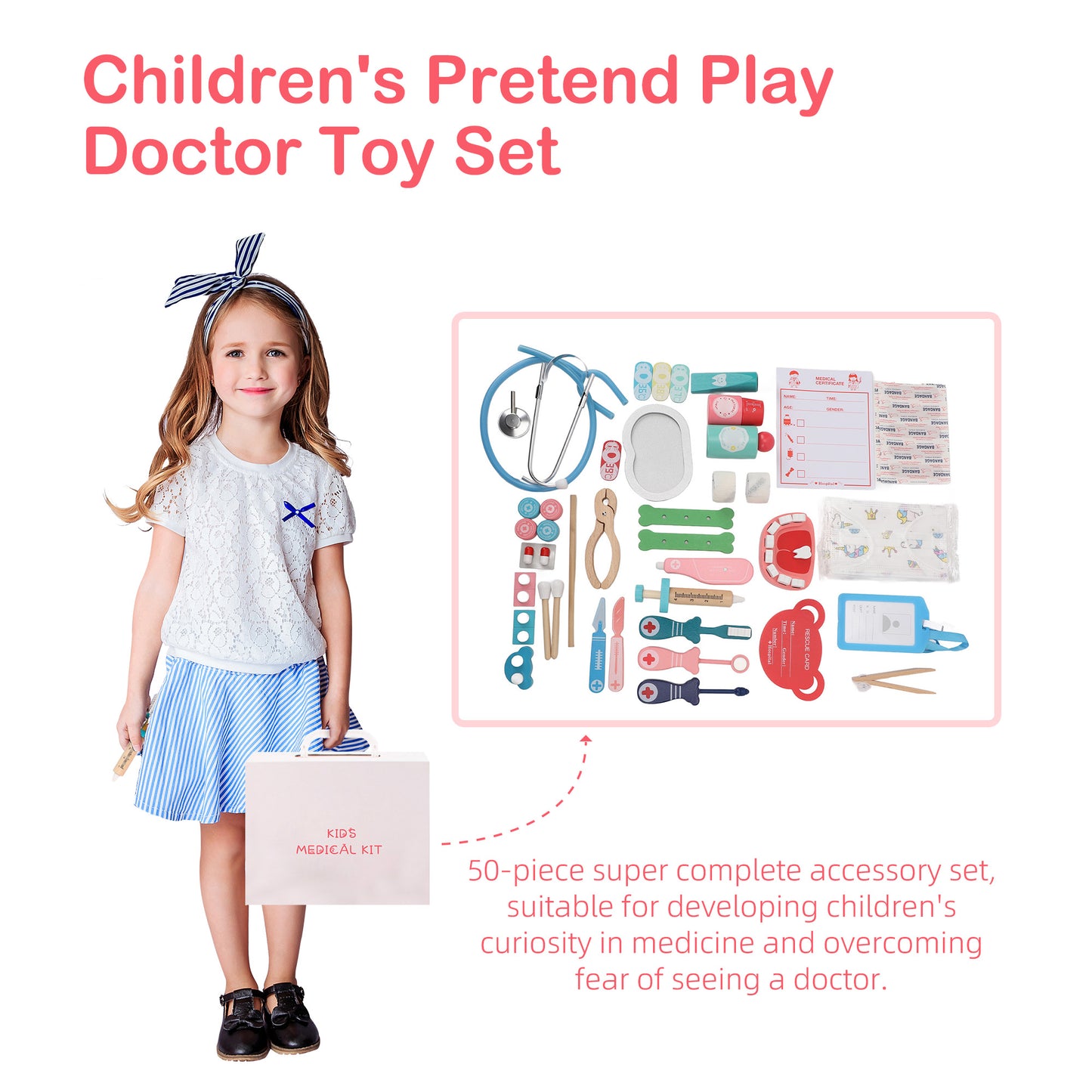 Toddlers Doctor Kit 50pcs Wooden Doctor Play Set with Storage Case, Doctor Pretend Play Medical Kit for Boys Girls 3-5 Preschool Toys