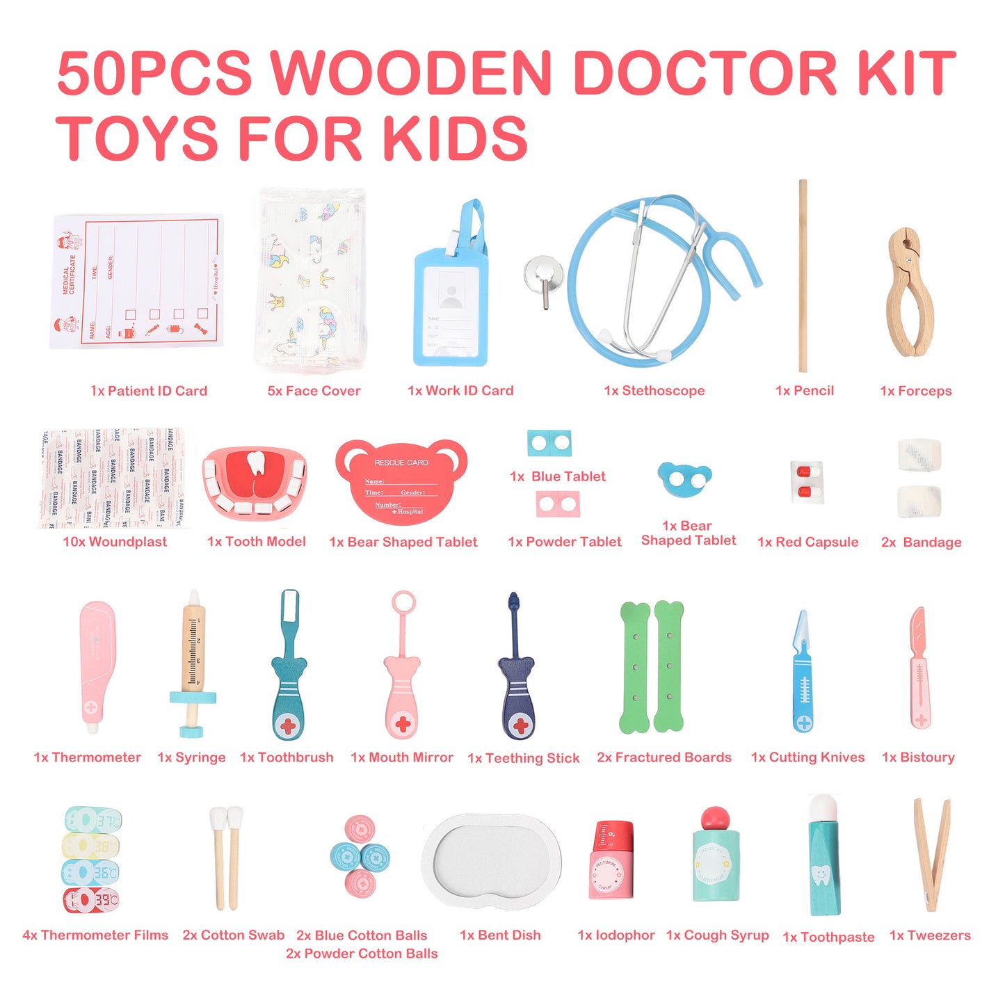 Toddlers Doctor Kit 50pcs Wooden Doctor Play Set with Storage Case, Doctor Pretend Play Medical Kit for Boys Girls 3-5 Preschool Toys