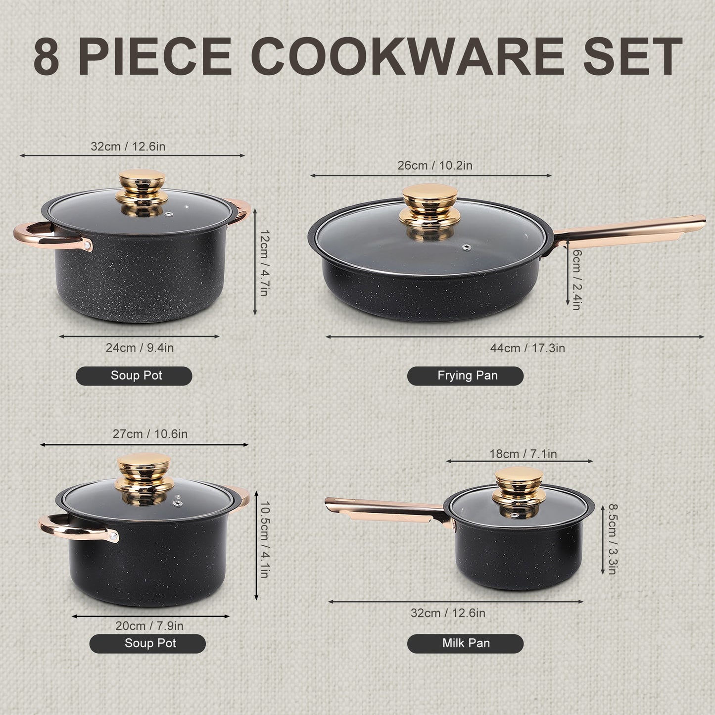 8 Pcs Pots and Pans Set Non Stick, Nonstick Kitchen Cookware Sets, Induction Cookware, For Oven & Dishwasher , Premium Kitchen Cooking Set with Gold Handles, Black