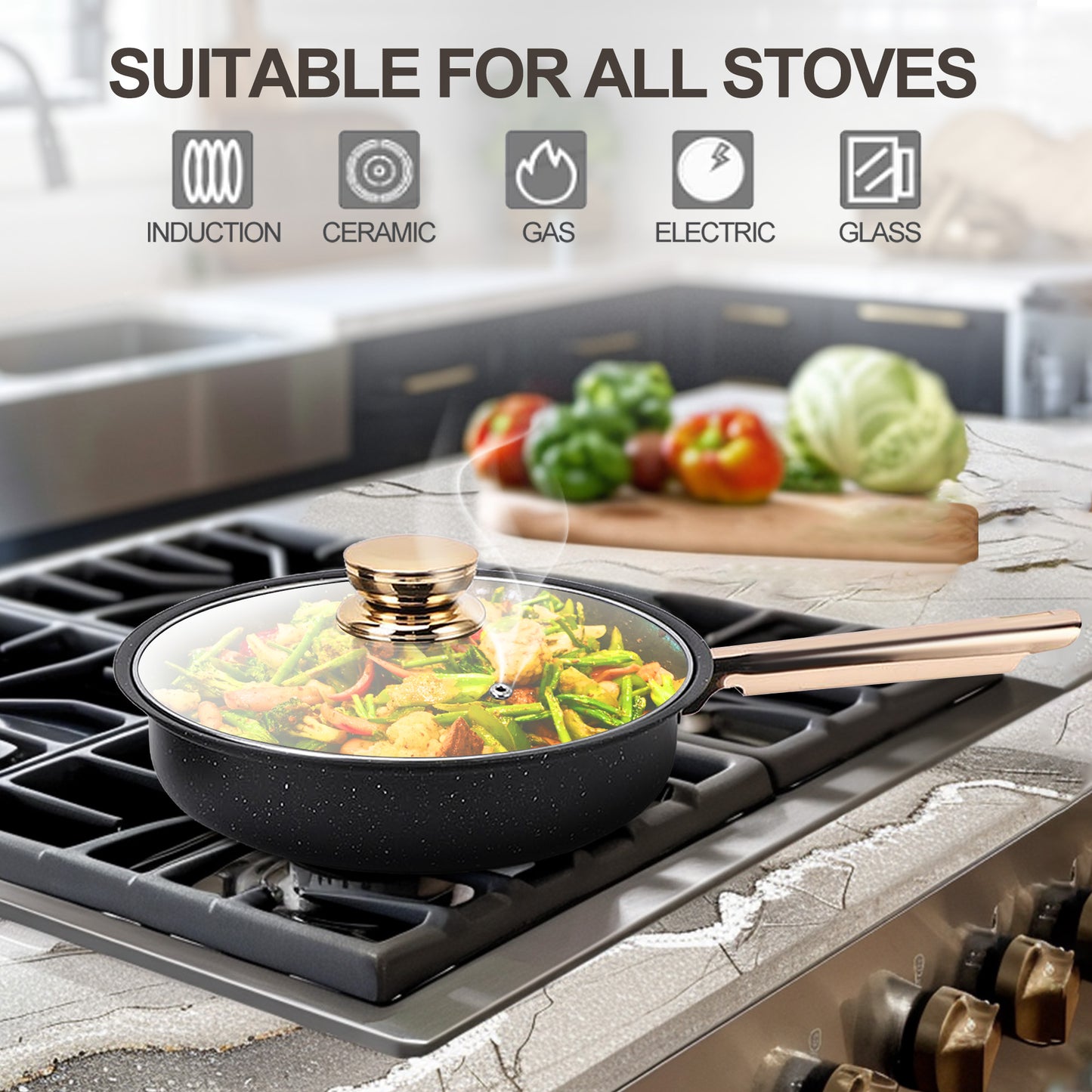 8 Pcs Pots and Pans Set Non Stick, Nonstick Kitchen Cookware Sets, Induction Cookware, For Oven & Dishwasher , Premium Kitchen Cooking Set with Gold Handles, Black