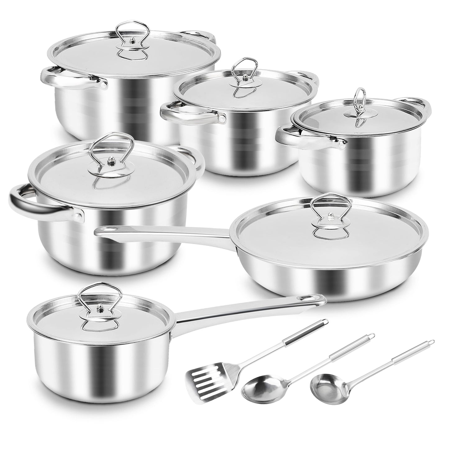 Kitchen Cookware Set Stainless Steel Pots Pans Set with Soup Pot Saute Pan Lids for Home Cooking