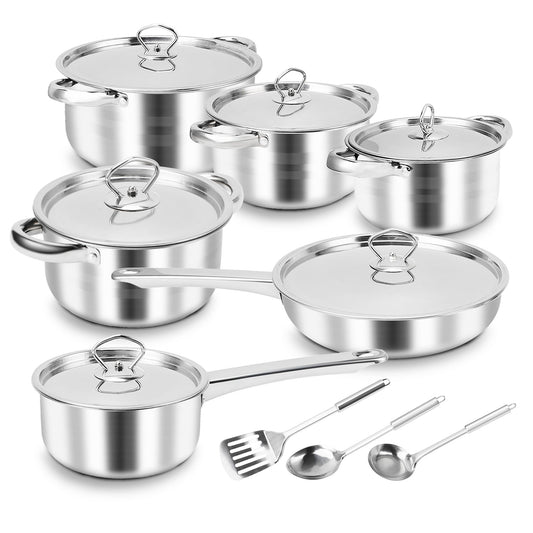 Kitchen Cookware Set Stainless Steel Pots Pans Set with Soup Pot Saute Pan Lids for Home Cooking