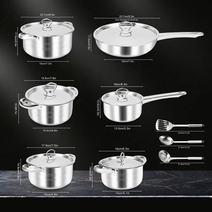 Kitchen Cookware Set Stainless Steel Pots Pans Set with Soup Pot Saute Pan Lids for Home Cooking