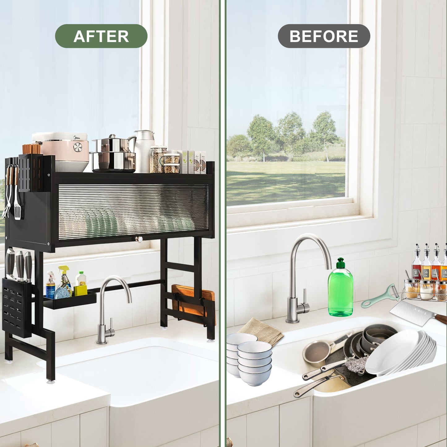 3 Tier Over The Sink Dish Drying Rack, Large Capacity Dish Rack with Cover, Expandable Length & Height, Adjustable Metal Dish Drainer for Kitchen Counter, Space Saving