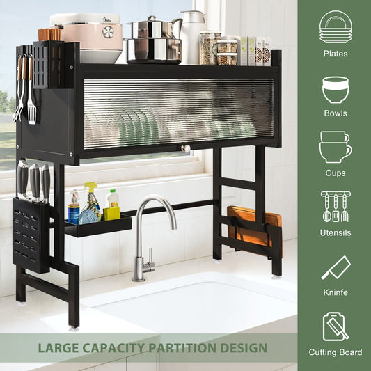 3 Tier Over The Sink Dish Drying Rack, Large Capacity Dish Rack with Cover, Expandable Length & Height, Adjustable Metal Dish Drainer for Kitchen Counter, Space Saving