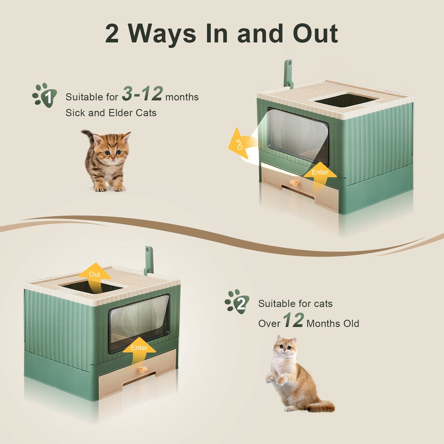 Enclosed Cat Litter Box Large with Lid Cover&Litter Scoop Foldable Cat Toilet Cat Self-Grooming Side Panel w/ Easy Cleaning Tray