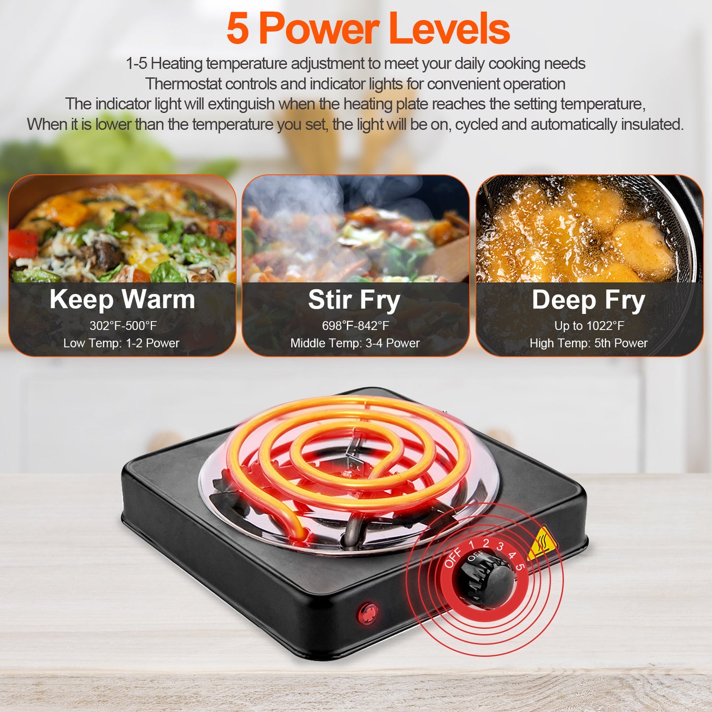 Electric Hot Plate for Cooking, 1000W Electric Burner with 5 Level Temperature Control, Portable Stove for Home Dorm Office Kitchen Camping Single Burner Stainless Steel Electric Cooktop, Black