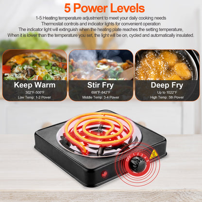 Electric Hot Plate for Cooking, 1000W Electric Burner with 5 Level Temperature Control, Portable Stove for Home Dorm Office Kitchen Camping Single Burner Stainless Steel Electric Cooktop, Black