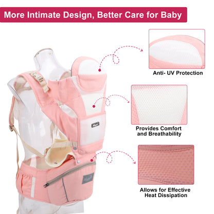 Baby Carrier with Hip Seat, 6 in 1 Adjustable Baby Holder Carrier Lumbar Support Ergonomic Toddler Carrier for Travel Hiking, Pink