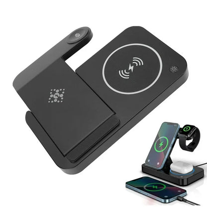 4 in 1 Wireless Charger Stand 15W Charging Station for Multiple Devices Compatible with iPhone 16/15/14/13/12/11, for iWatch, AirPods, Foldable Fast Charging Stand with LED Light