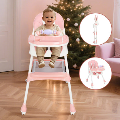4-in-1 Baby High Chair, Convertible High Chair for Babies and Toddlers, Portable Folding Dining Chairs Eat & Play with Five-Point Harness, Double-Layer Dinner Plate, Toy Rack, Spoon, Fork, Bowl, Pink