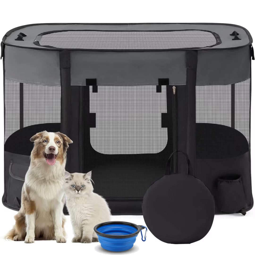 Dog Playpen, Black Pet Playpen Foldable Puppy Cat Playpen, Portable Exercise Kennel Tent Crate, Breathable Indoor Outdoor Travel Camping Use for Small Animals with Carrying Case and Silicone Bowl, M