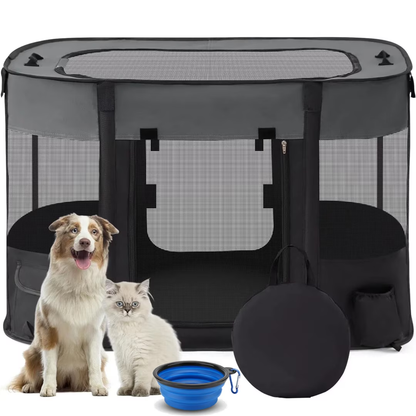 Dog Playpen, Black Pet Playpen Foldable Puppy Cat Playpen, Portable Exercise Kennel Tent Crate, Breathable Indoor Outdoor Travel Camping Use for Small Animals with Carrying Case and Silicone Bowl, M