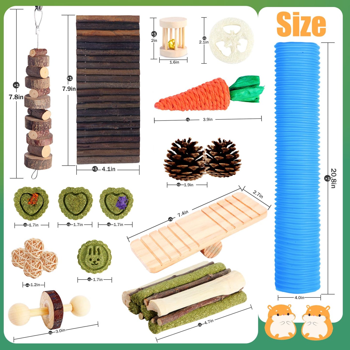24 PCS Hamster Chew Toys, Natural Apple Wood Timothy Grass Bunny Toys, Small Animal Molar Teeth Care Toy Set, Cage Accessories for Hamsters, Guinea Pig, Rabbit, Chinchilla, Gerbil