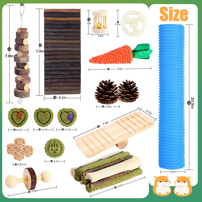 24 PCS Hamster Chew Toys, Natural Apple Wood Timothy Grass Bunny Toys, Small Animal Molar Teeth Care Toy Set, Cage Accessories for Hamsters, Guinea Pig, Rabbit, Chinchilla, Gerbil