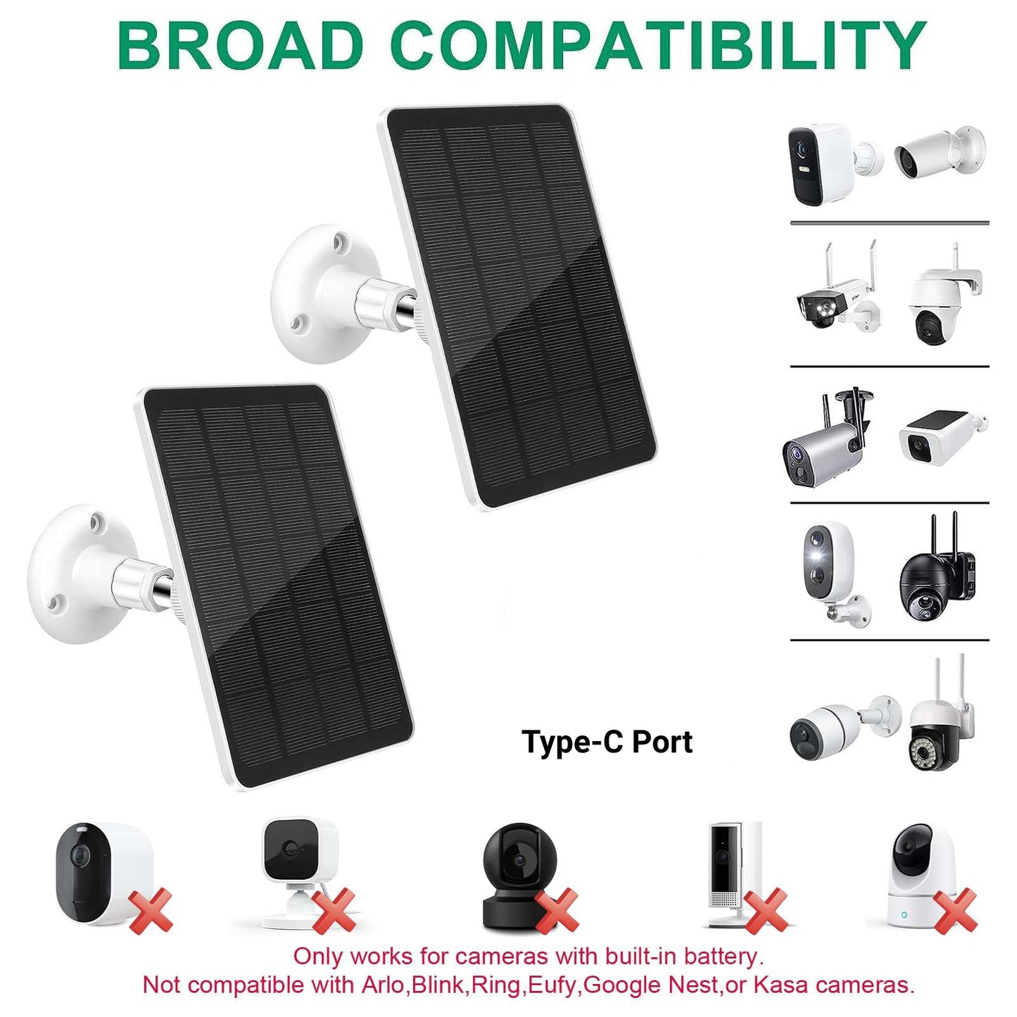 10W Solar Panel for Security Camera, USB C Port Solar Panel for 5V Outdoor Rechargeable Battery Camera Doorbell Light, 360° Adjustable Security Mount, 9.8ft Cable, IP65 Waterproof Rating