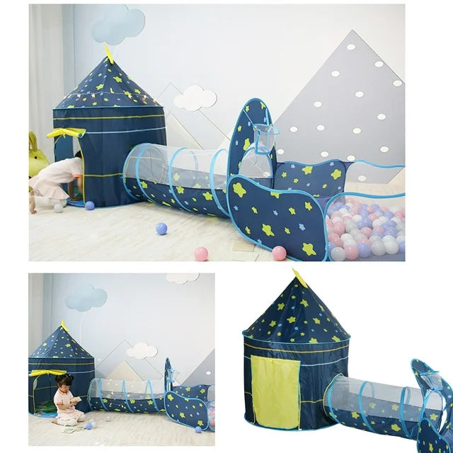 3pcs Baby Play Tent with Crawl Tunnel Basketball Hoop Indoor/Outdoor Kids Boys & Girls Toddler Ball Pit Tent Playhouse for 18 Months-8 Year Old, Blue (No Ocean Balls)