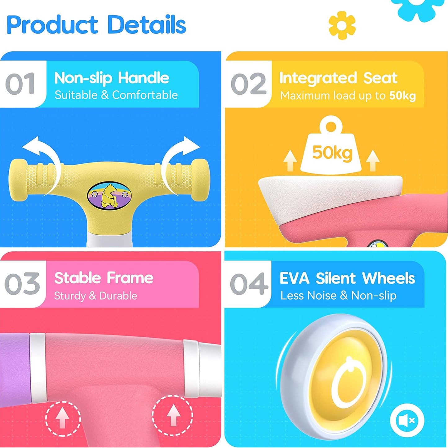 Eotvia Baby Balance Bike, Lightweight Toddler Baby Bicycle with 4 Wheels, Infant Bike Baby Outdoor Bike Riding Toy for Preschool Kids Toddlers Children Boys Girls Age 1-2 Years, First Birthday Gifts