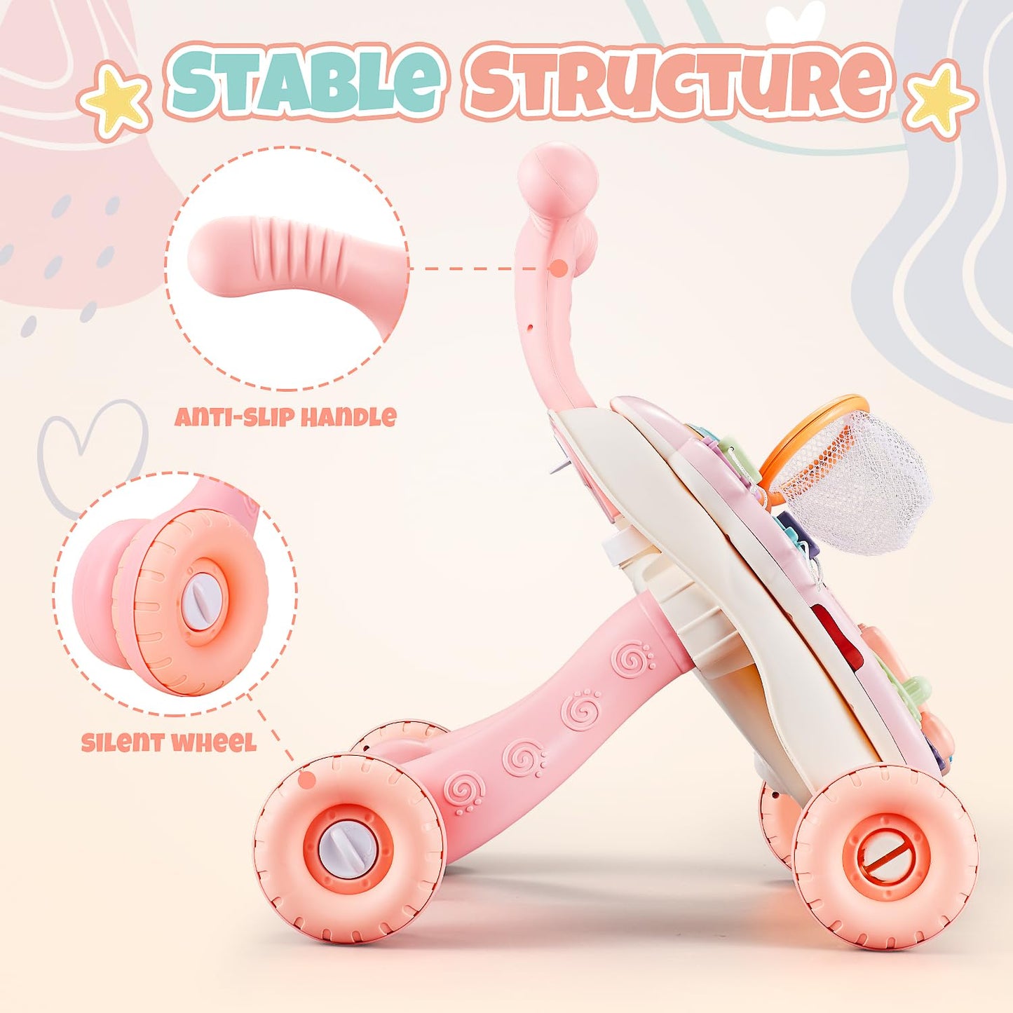 Baby Walkers for Girls, Baby Push Walkers for Babies, 3 In 1 Push Toys, Baby Walker Table & Activity Center, Early Learning Toy for Infant 6-18 Months, Pink Baby Walker Toy for Babies Learn to Walk