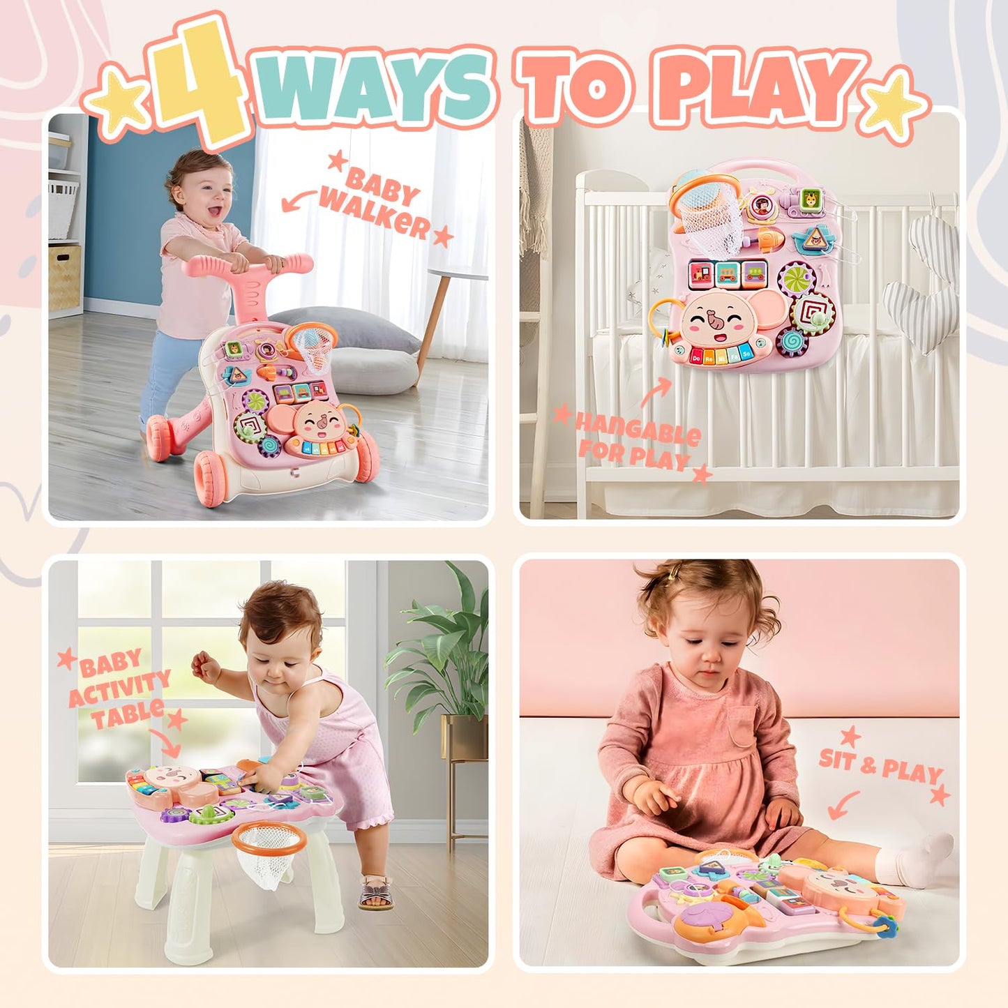 Baby Walkers for Girls, Baby Push Walkers for Babies, 3 In 1 Push Toys, Baby Walker Table & Activity Center, Early Learning Toy for Infant 6-18 Months, Pink Baby Walker Toy for Babies Learn to Walk