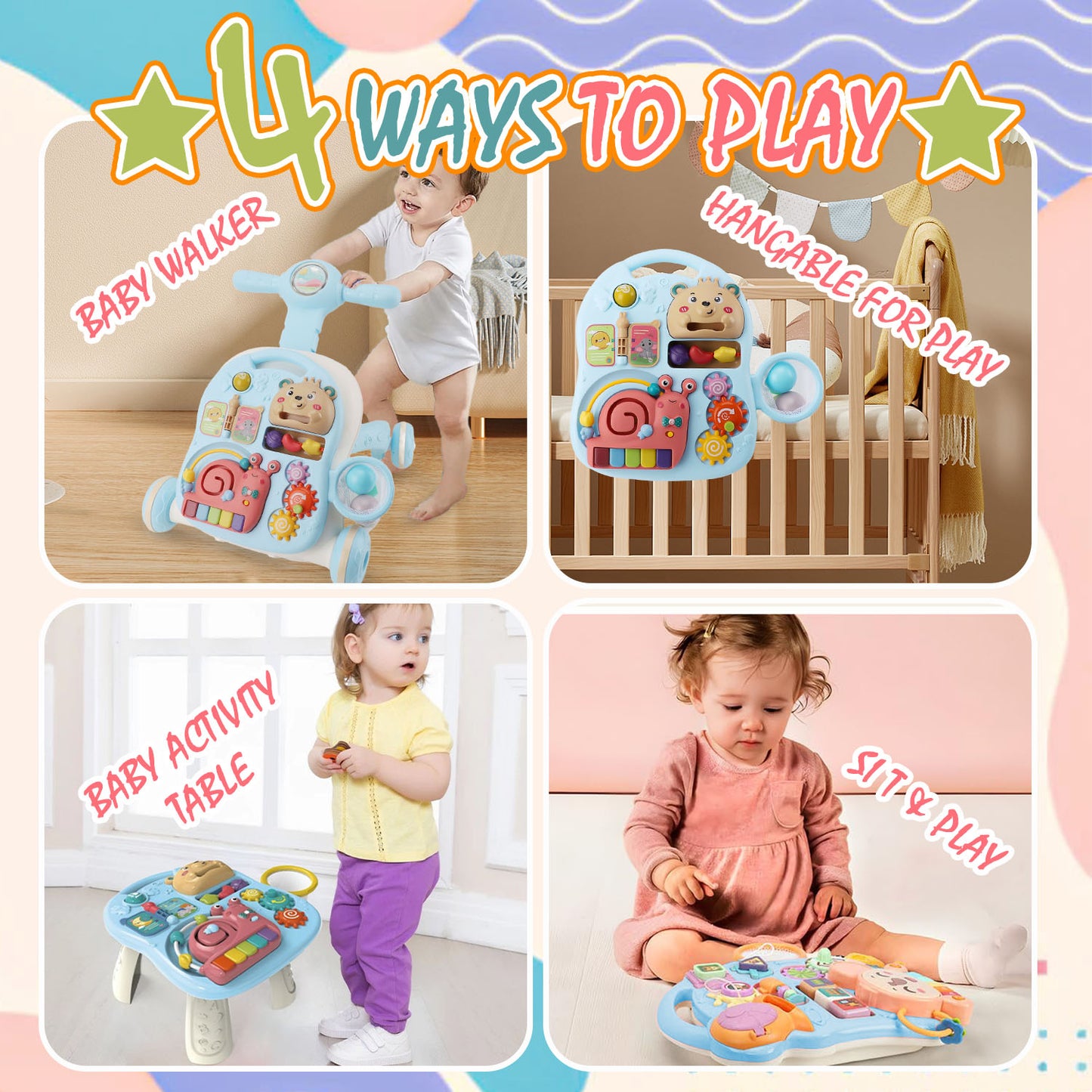 Baby Walkers for Boys, Baby Push Walkers for Babies, 3 In 1 Push Toys, Baby Walker Table & Activity Center, Early Learning Toy for Infant 6-18 Months, Blue Baby Walker Toy for Babies Learning to Walk