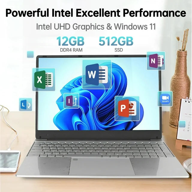 15.6 inch Laptops, Windows 11 Student Laptop Computer with 12GB RAM 512GB SSD, 2.9GHz Quad Core Intel N5095, WiFi, Bluetooth, Fingerprint, Backlit Keyboard, 1920*1080 FHD IPS Screen, Silver