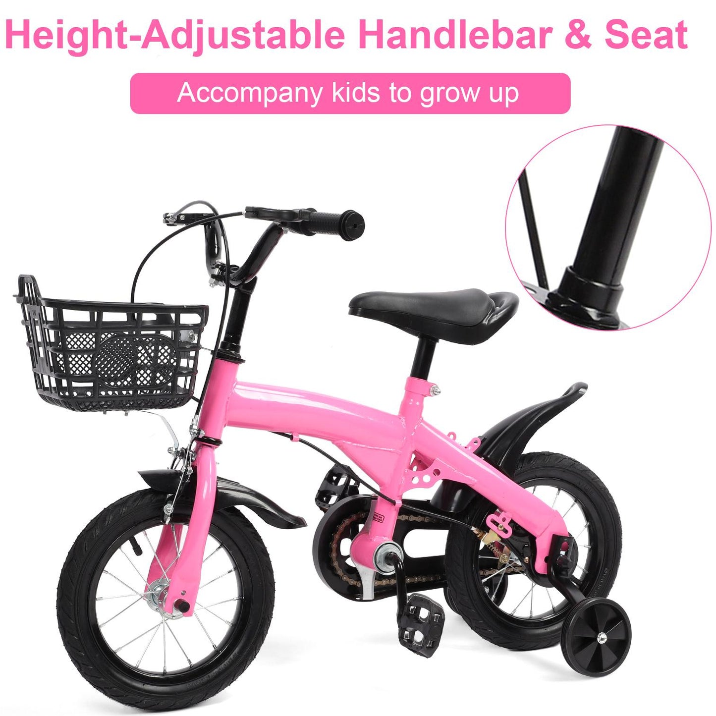 12 Inch Kids Bike with Training Wheels, Children Bike with Adjustable Handlebar, Kids Bicycle for Boys Girls Toddlers Age 1 to 5, 2-in-1 Toddler Bike with Handbrake/Bell/Pedals, up to 110lbs