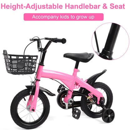 12 Inch Kids Bike with Training Wheels, Children Bike with Adjustable Handlebar, Kids Bicycle for Boys Girls Toddlers Age 1 to 5, 2-in-1 Toddler Bike with Handbrake/Bell/Pedals, up to 110lbs