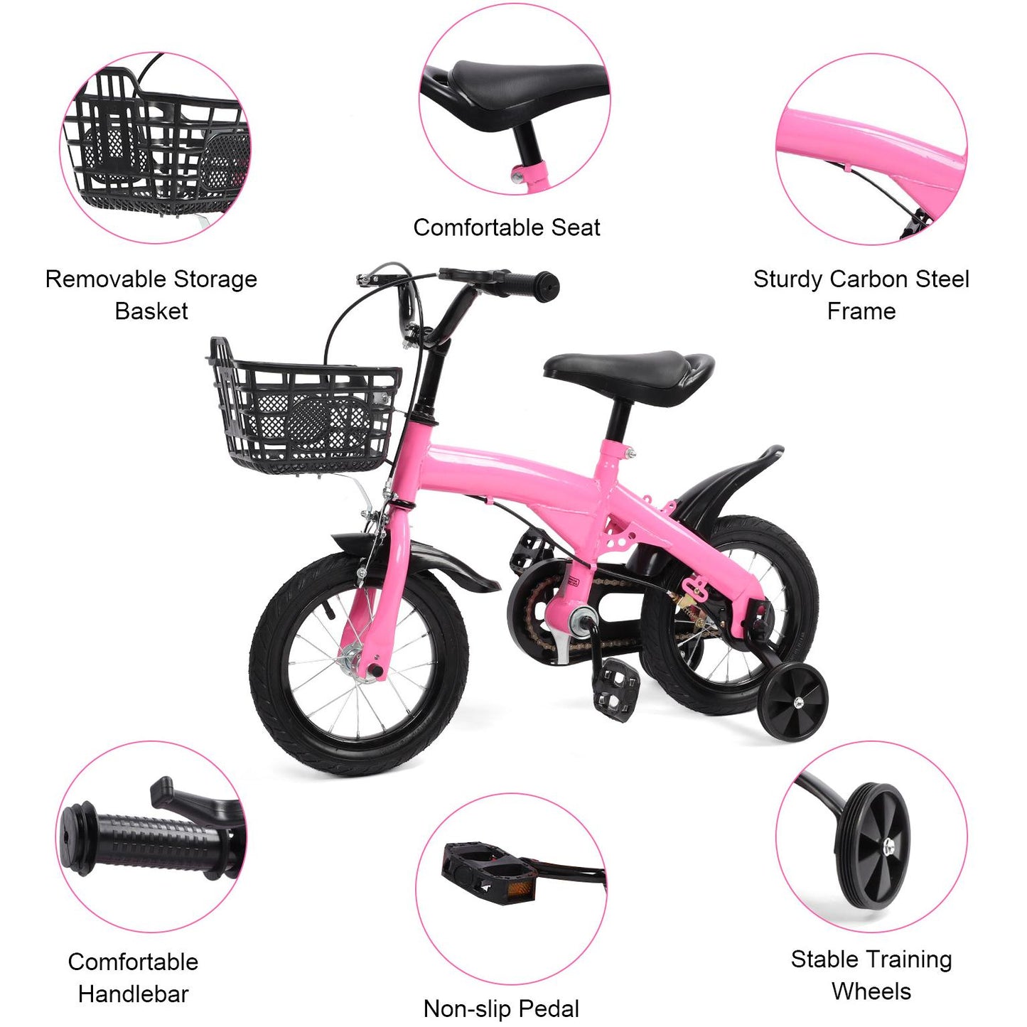 12 Inch Kids Bike with Training Wheels, Children Bike with Adjustable Handlebar, Kids Bicycle for Boys Girls Toddlers Age 1 to 5, 2-in-1 Toddler Bike with Handbrake/Bell/Pedals, up to 110lbs