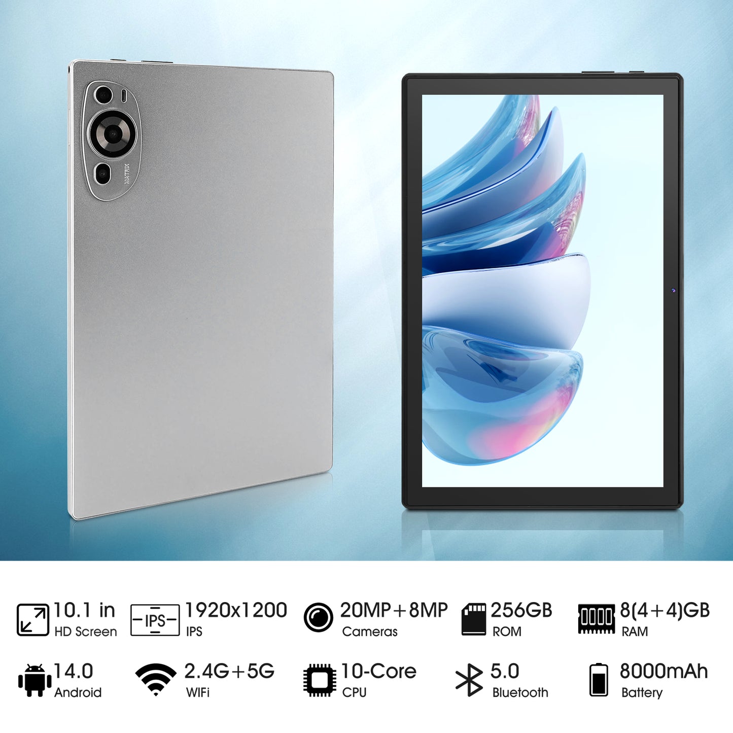 Android 14 Tablet, 10.1 Inch Android Tablets 8GB RAM 256GB ROM 128GB Expand, 1920*1080 IPS Screen Ten-Core Processor 8MP+20MP Dual Camera, Bluetooth WiFi Tablets for Kids, GMS, Gray
