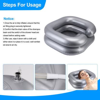 Inflatable Shampoo Bowl Foldable Wide Neck Opening PVC Portable Shampoo Basin with 39inch Drain Hose for Home Travel