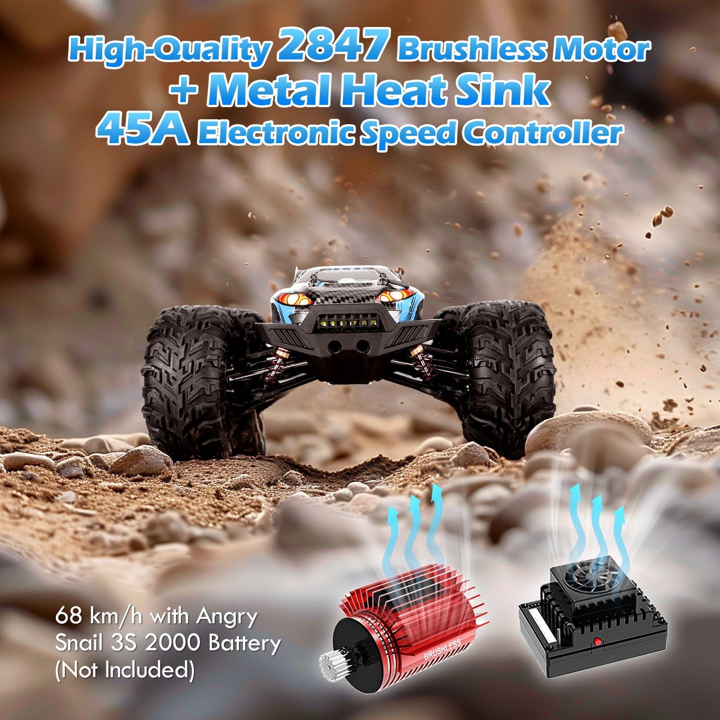Brushless RC Car 1/10 4X4 68 km/h All Terrains RC Truck, High Speed 4WD Remote Control Off-Road RC Drift Car, Electric Car Gift for Adults Boys, 2pcs 2200 mah Batteries