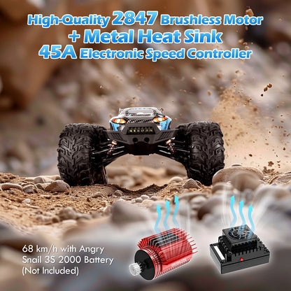 Brushless RC Car 1/10 4X4 68 km/h All Terrains RC Truck, High Speed 4WD Remote Control Off-Road RC Drift Car, Electric Car Gift for Adults Boys, 2pcs 2200 mah Batteries