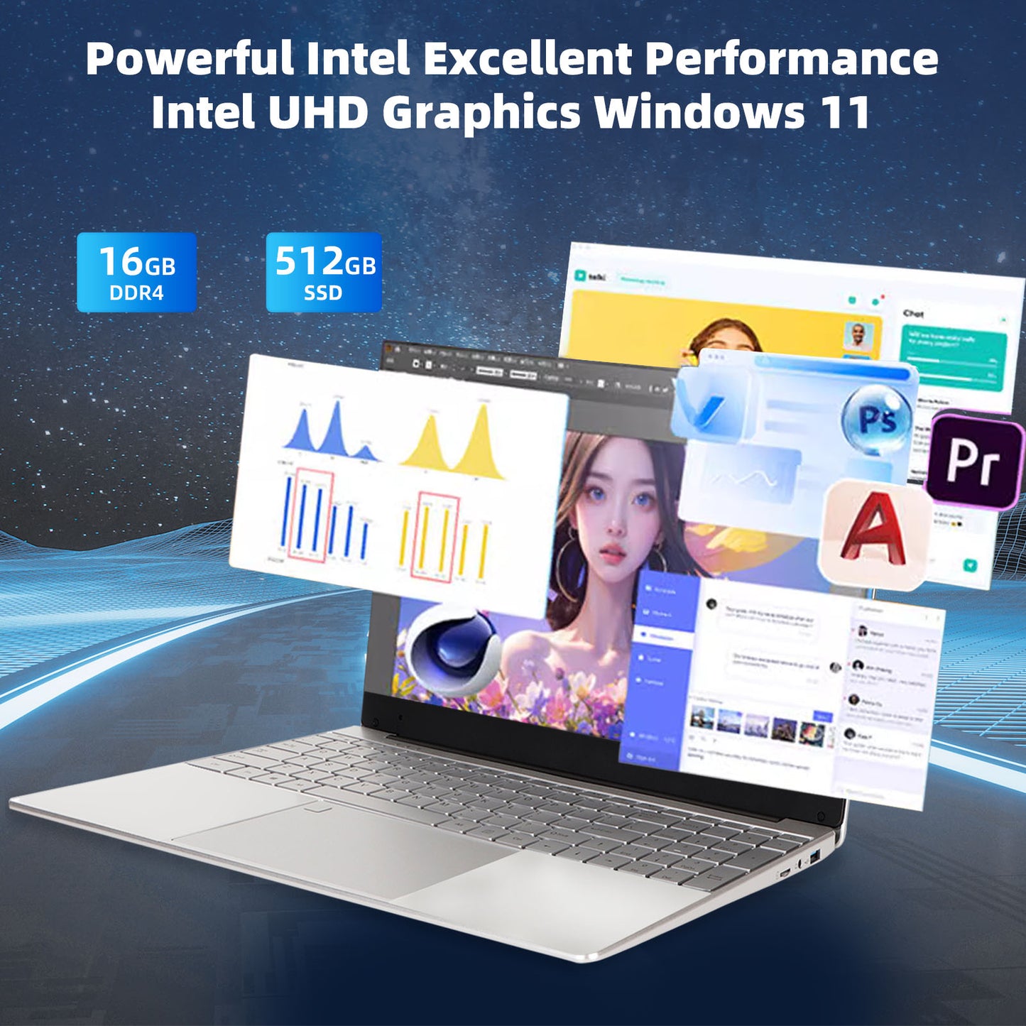 15.6 inch Laptop 512GB SSD 16GB DDR4 Windows 11 Notebook Computer, Quad-Core Intel N95 up to 3.4GHz, with WiFi, Bluetooth, Fingerprint, Backlit Keyboard, 1920*1080 FHD IPS Screen, Silver