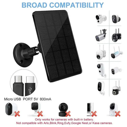 Solar Panel for Security Camera, 4W USB Solar Panel for DC 5V Outdoor Rechargeable Battery Camera, IP65 Waterproof, Support Micro USB & USB C Port with 9.8ft Cable, Adjustable Security Mount, Black