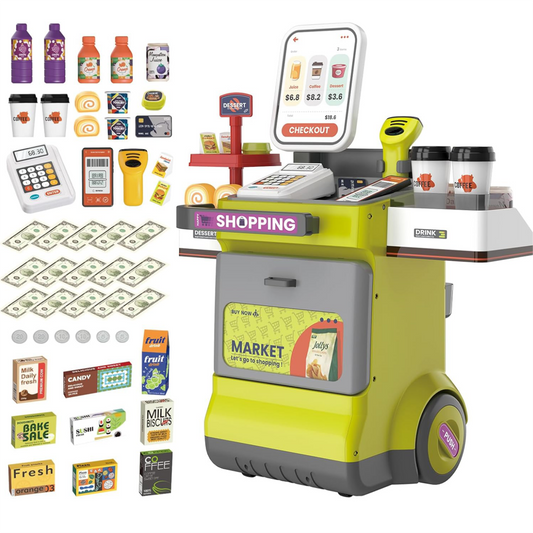 Cash Register Playset for Kids, 48PCS Pretend Play Cash Register Toy with Light and Sound, Pretend Calculator, Scanners, Credit Cards and Mobile Cart, Preschool Gifts for Toddlers Boys Girls, Green