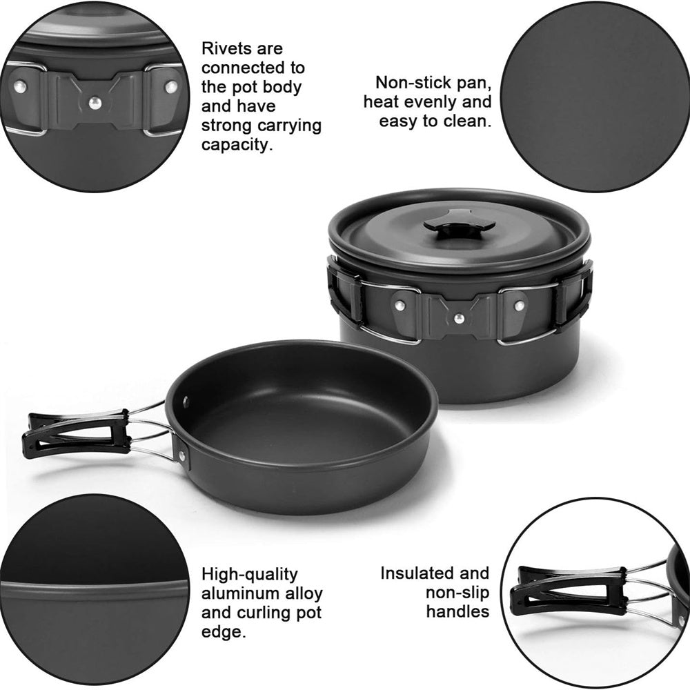 Eotvia 9pcs Camping Cookware Set, Aluminum Camping Cookware Kit with Non-stick Pan Pot, Folding Camping Cooking Set with Spoons Bowls Loofah Storage Bag for Camping Backpacking Outdoor Cooking Picnic